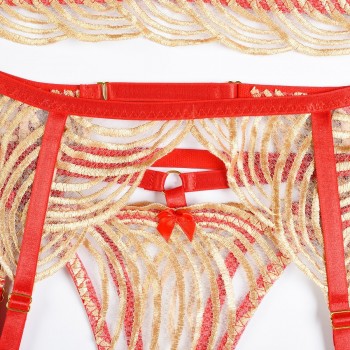 Lingerie For Women Gold Embroldery Lace Transparent Bra Fancy Female Underwear 4-Pieces Garter Belt With Stockings